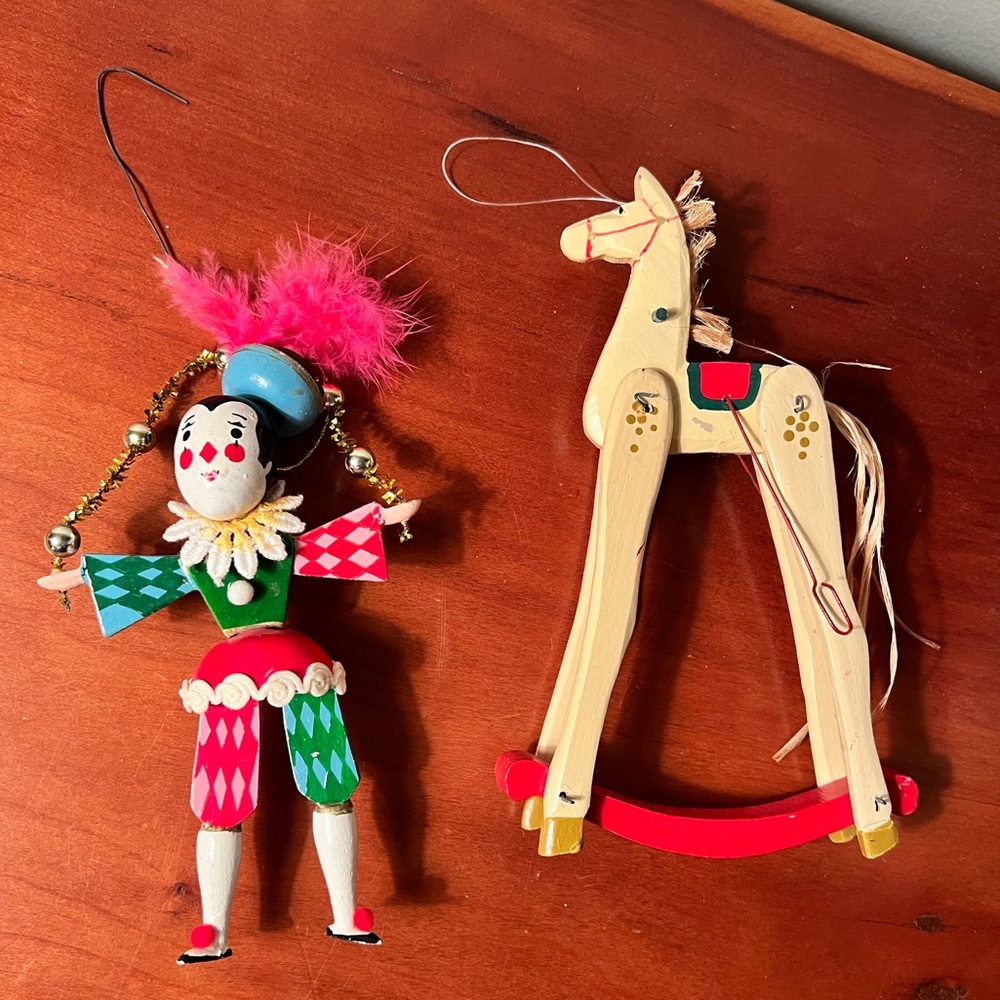 Vintage Wooden Ornaments Rocking Horse & Clown Jester
